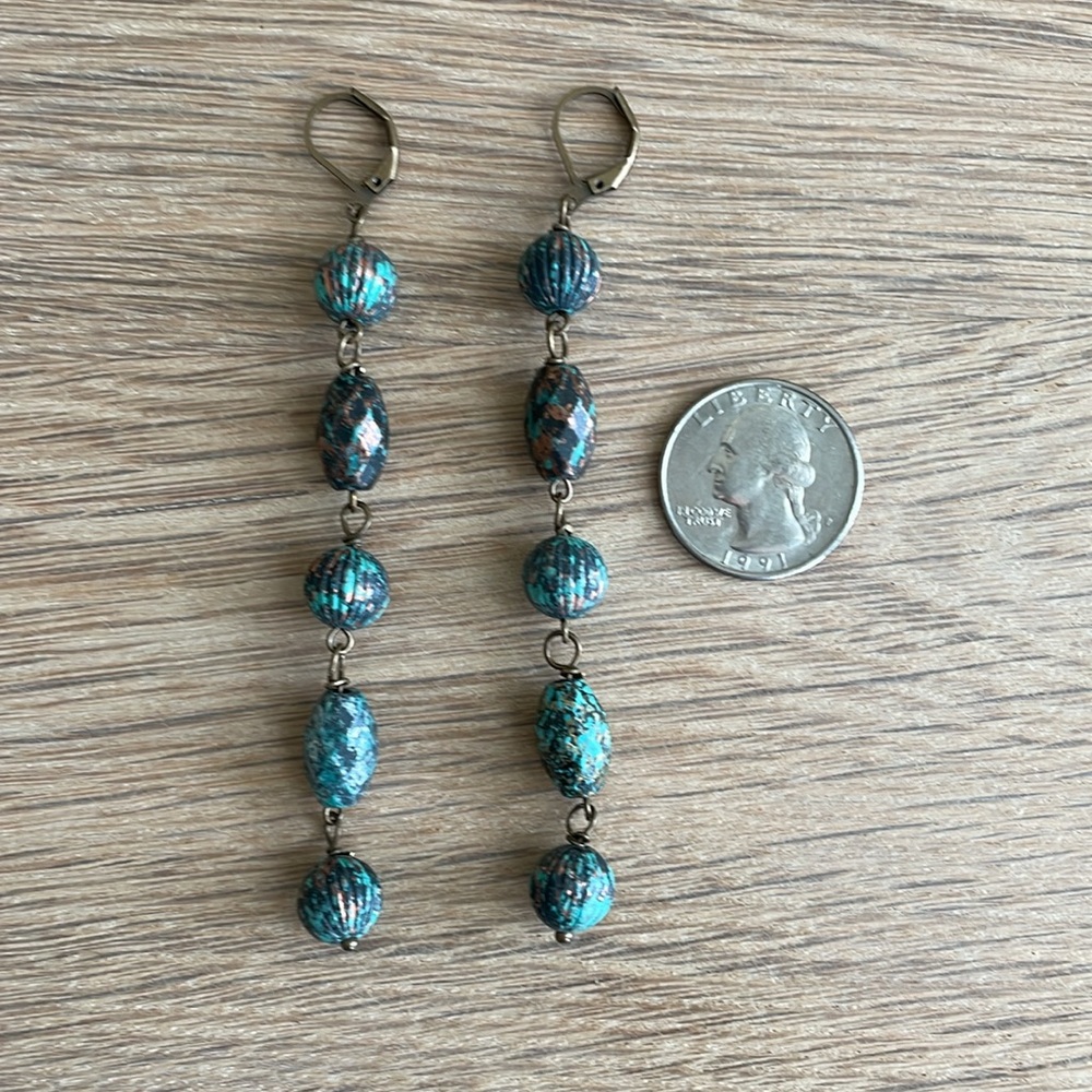 HAND CRAFTED SHOULDER DUSTER EARRINGS Patina Mint Green Copper Antiqued Brass - Picture 10 of 14